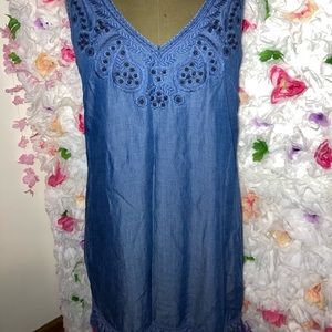 FAUX DENIM DRESS W/ EMBROIDERED DESIGN